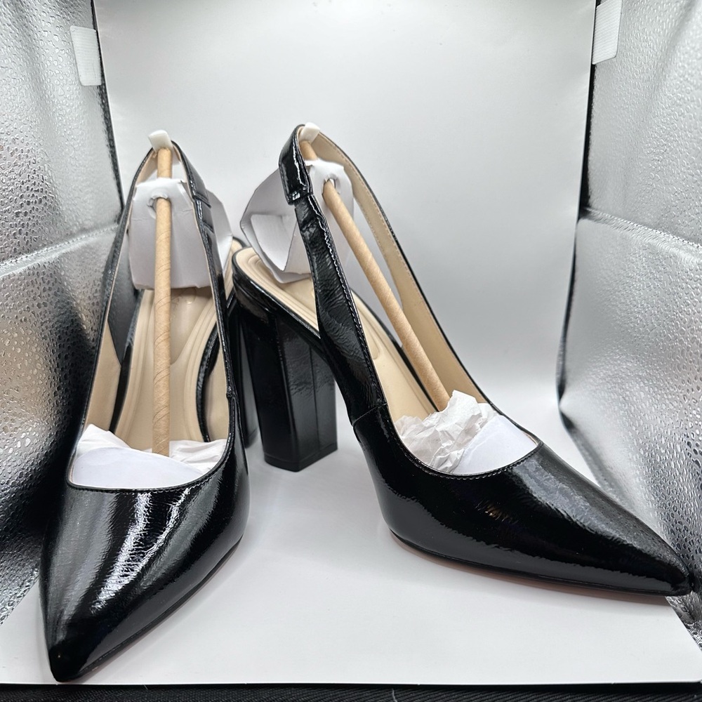 Jessica Simpson black patent heels with sling back strap